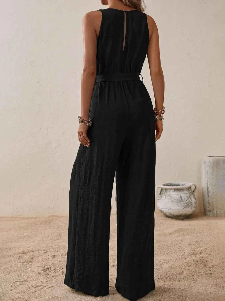 Honey Tied Jumpsuit - Surplice Sleeveless Wide Leg Design