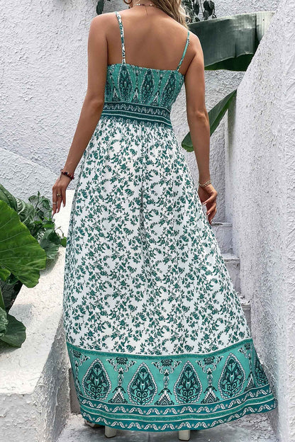 Green Boho Floral Print Shirred Cami Maxi Dress
