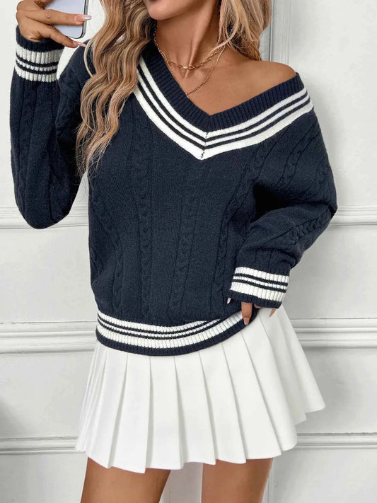 Contrast Striped V-Neck Sweater