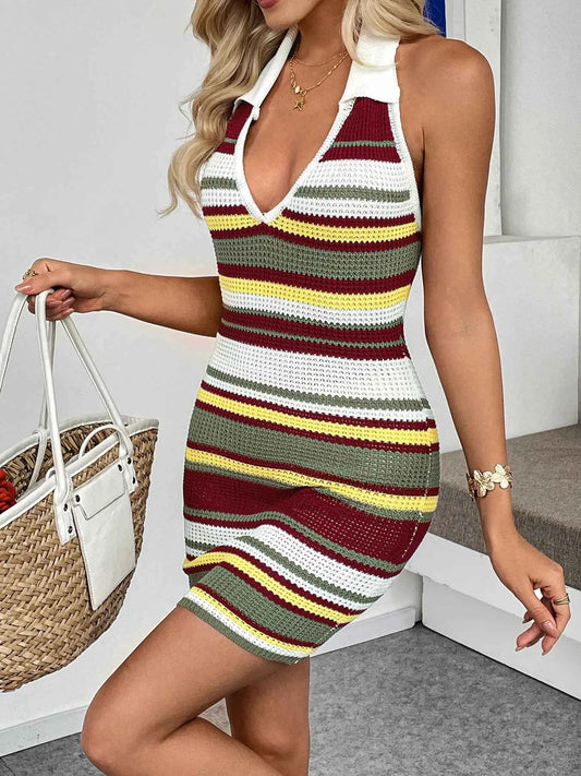 Multi-Color Striped Halter Neck Knit Sweater Dress