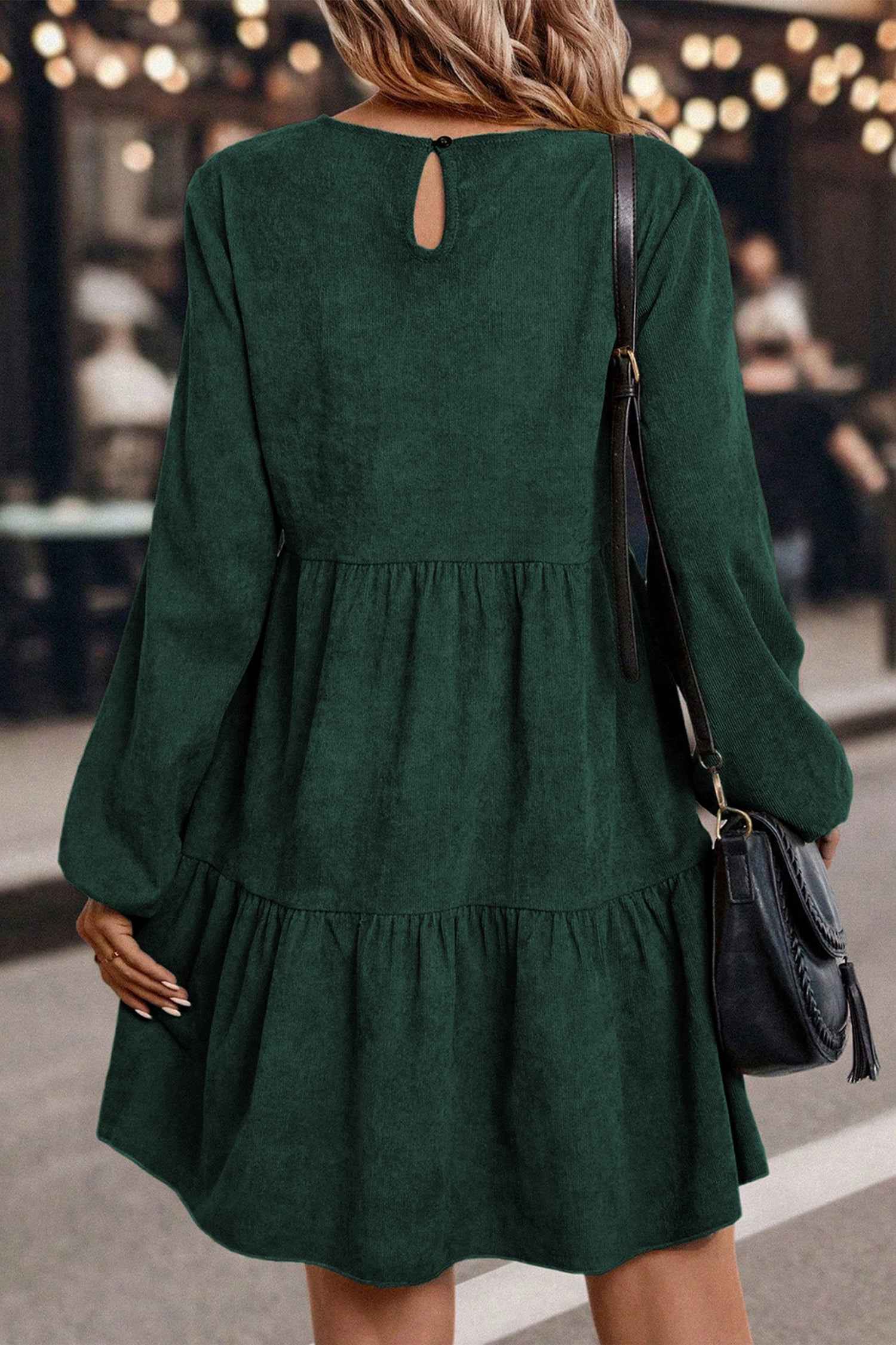 Dark Brown Lantern Sleeve Tiered Mini Dress