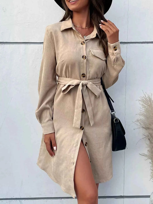 Button-Front Tie Waist Shirt Dress