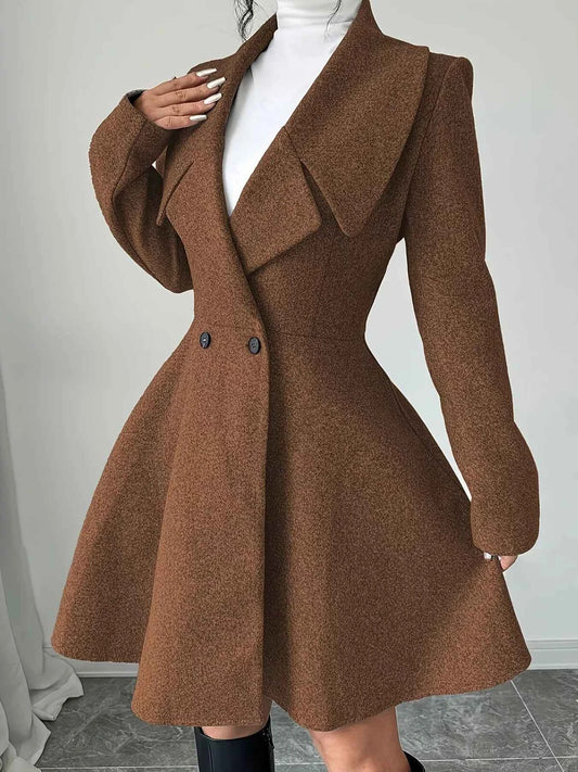 Double-Breasted Fit & Flare Wool Blend Coat