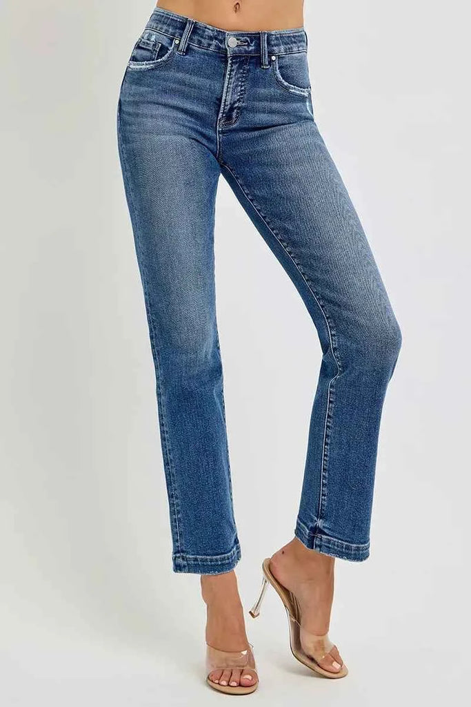 RISEN Plus Size Tummy Control Jeans - Mid Rise Straight Fit with Elastic Band