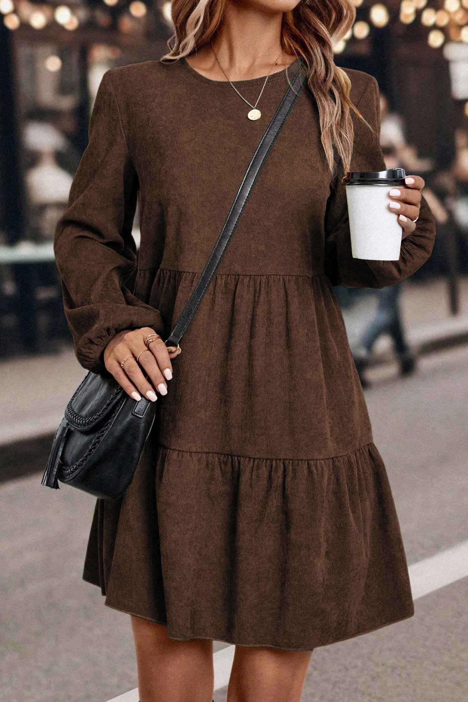 Dark Brown Lantern Sleeve Tiered Mini Dress