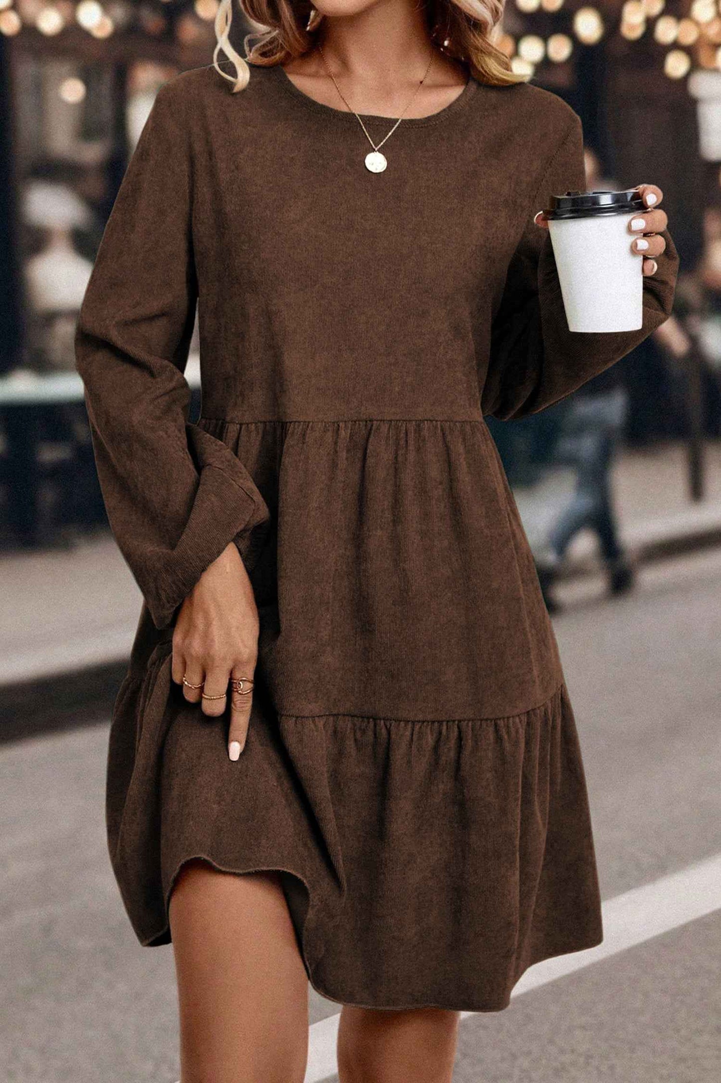 Dark Brown Lantern Sleeve Tiered Mini Dress