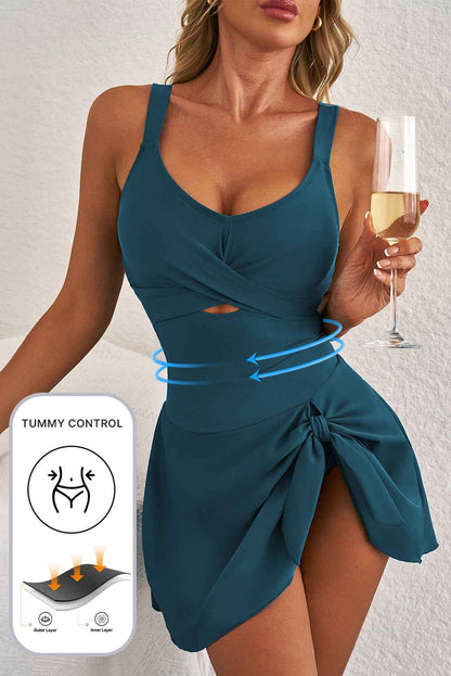 Black Adjustable Straps Cutout Ruched Knot Slit One Piece Swim Dress