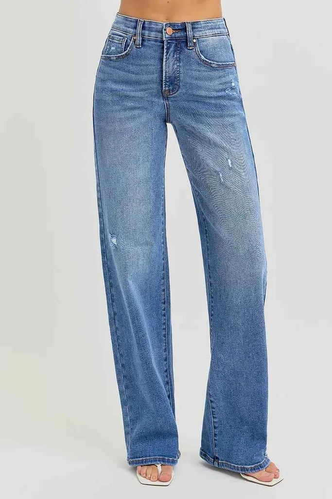 RISEN High Rise Tummy Control Jeans with Elastic Band - Full Size Wide Leg Design