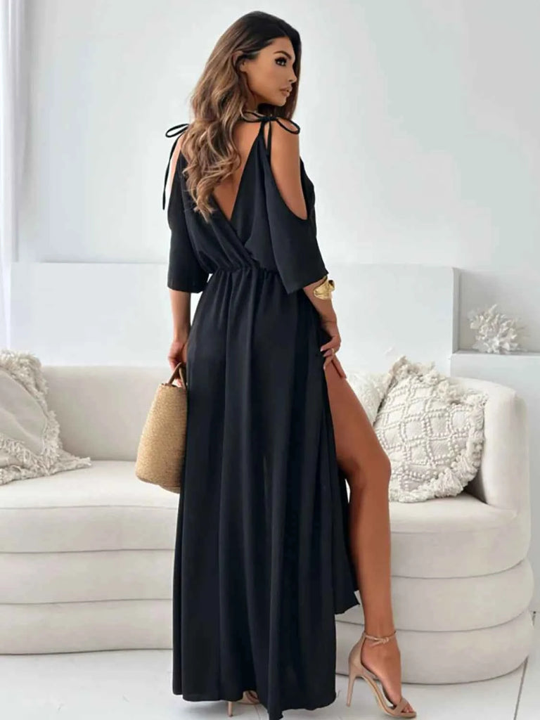 Tied Shoulder Maxi Dress - Effortlessly Elegant Stylish Dress with Slit