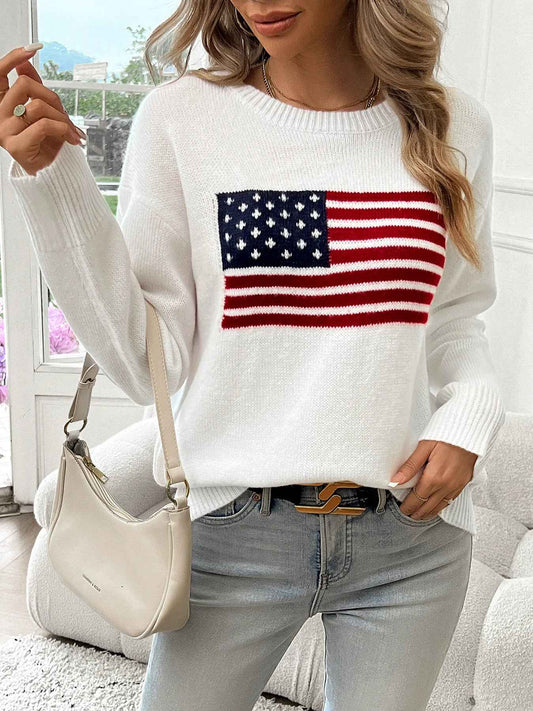 American Flag Sweater - Women's Crew Neck Long Sleeve Pullover