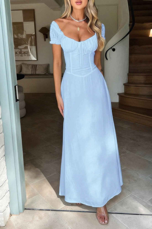 Deep Square Neck Dress with Drawstring Back Fit