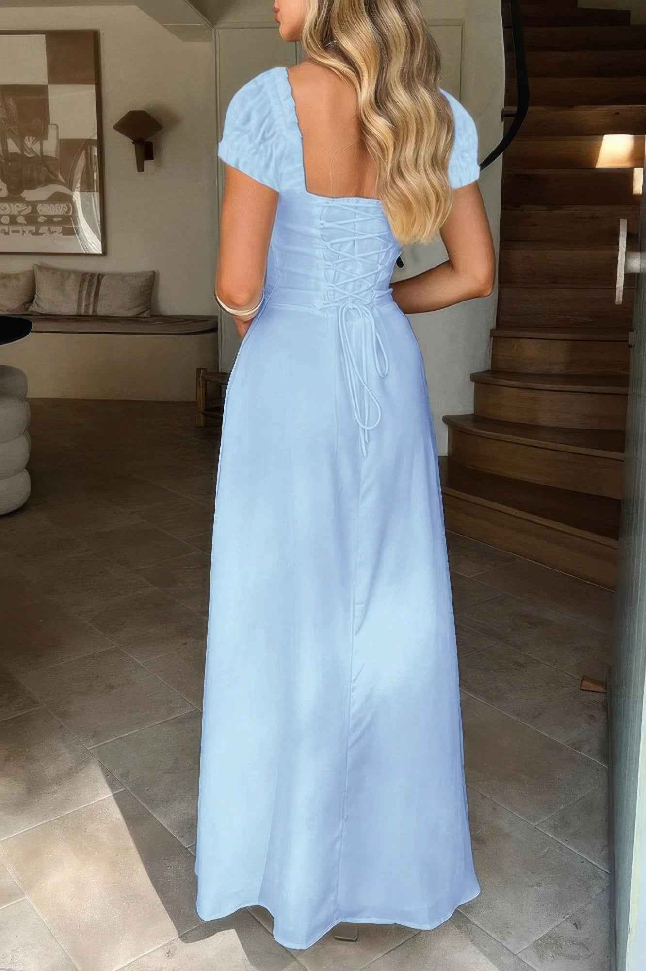 Deep Square Neck Dress with Drawstring Back Fit
