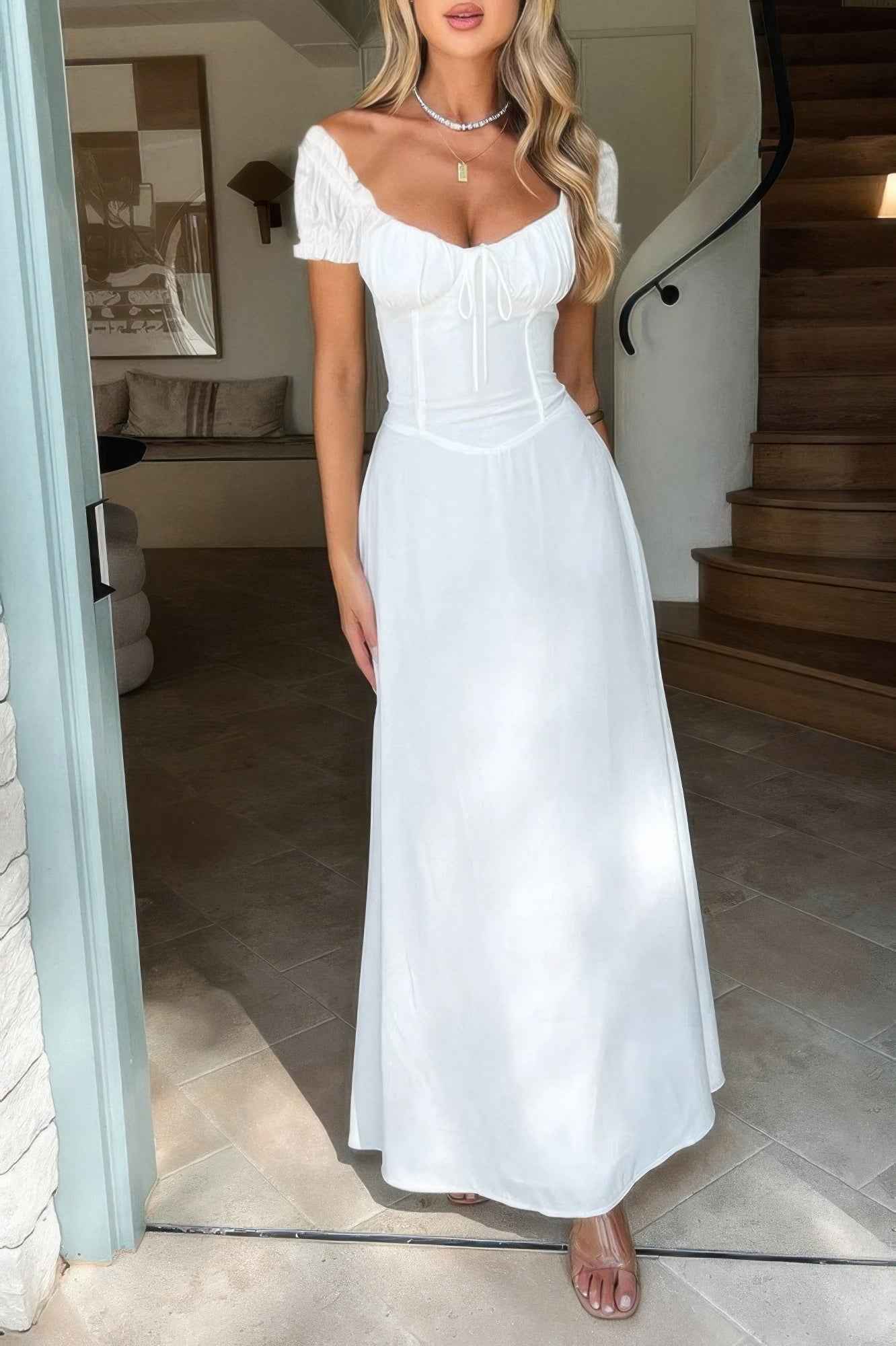 Deep Square Neck Dress with Drawstring Back Fit