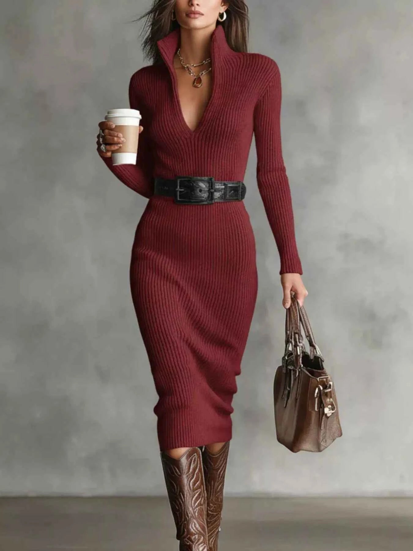Full Size Ribbed Knit Turtleneck Sweater Dress Plus Size