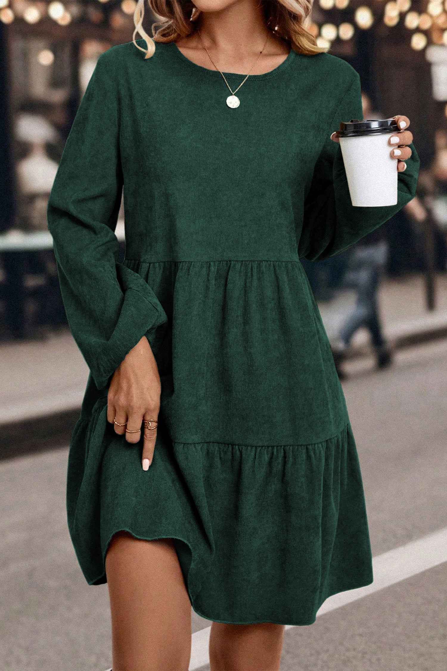 Dark Brown Lantern Sleeve Tiered Mini Dress