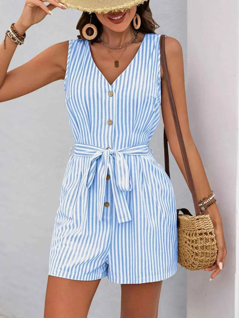 Striped V-Neck Romper with Button Front and Belted Design
