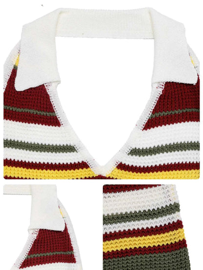 Multi-Color Striped Halter Neck Knit Sweater Dress