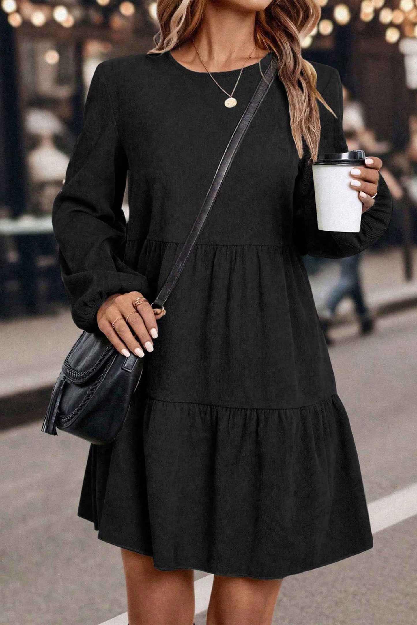 Dark Brown Lantern Sleeve Tiered Mini Dress